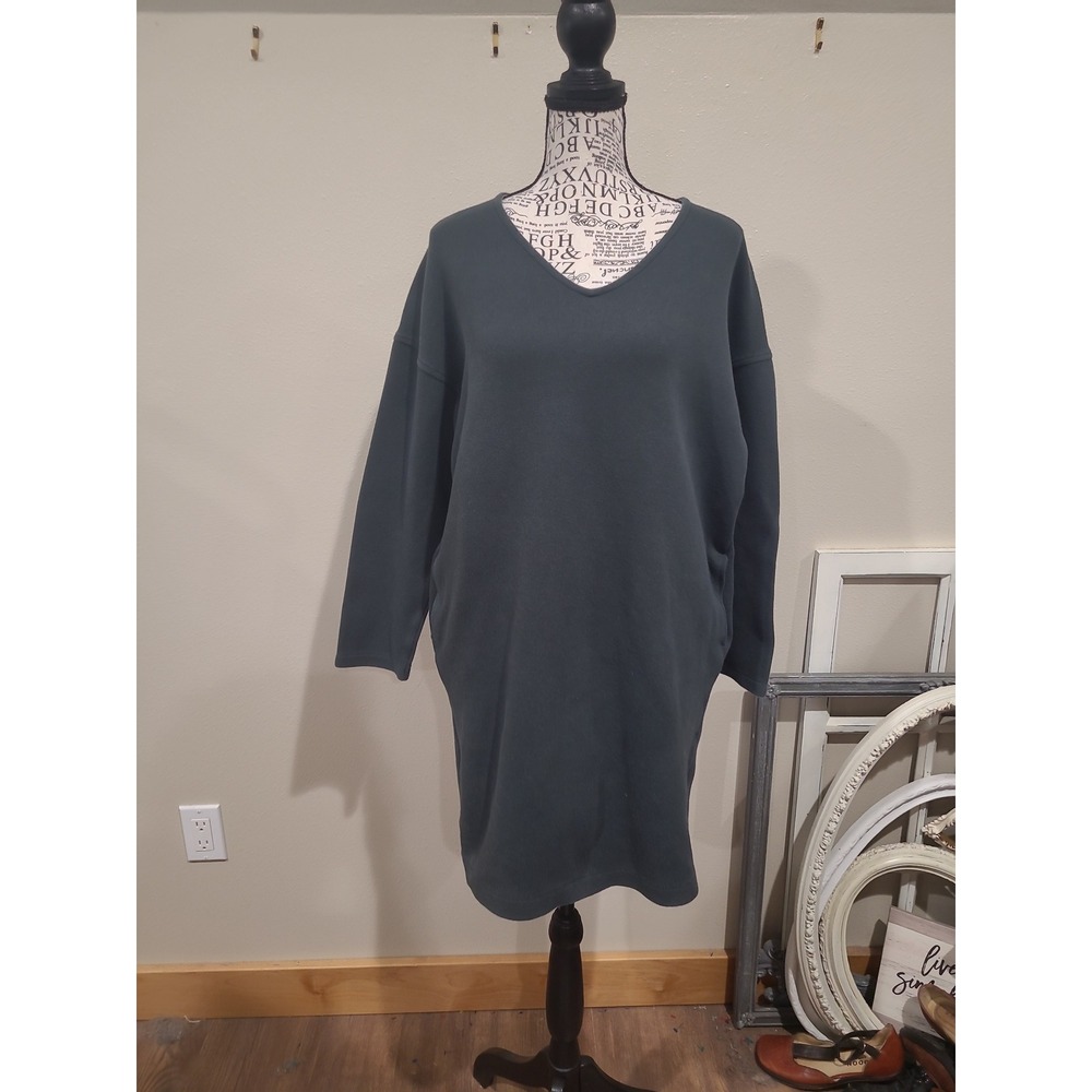 Uniqlo Women SZ L GREEN V-Neck 3/4 Sleeve Sweater Dress w/pockets minalmalist